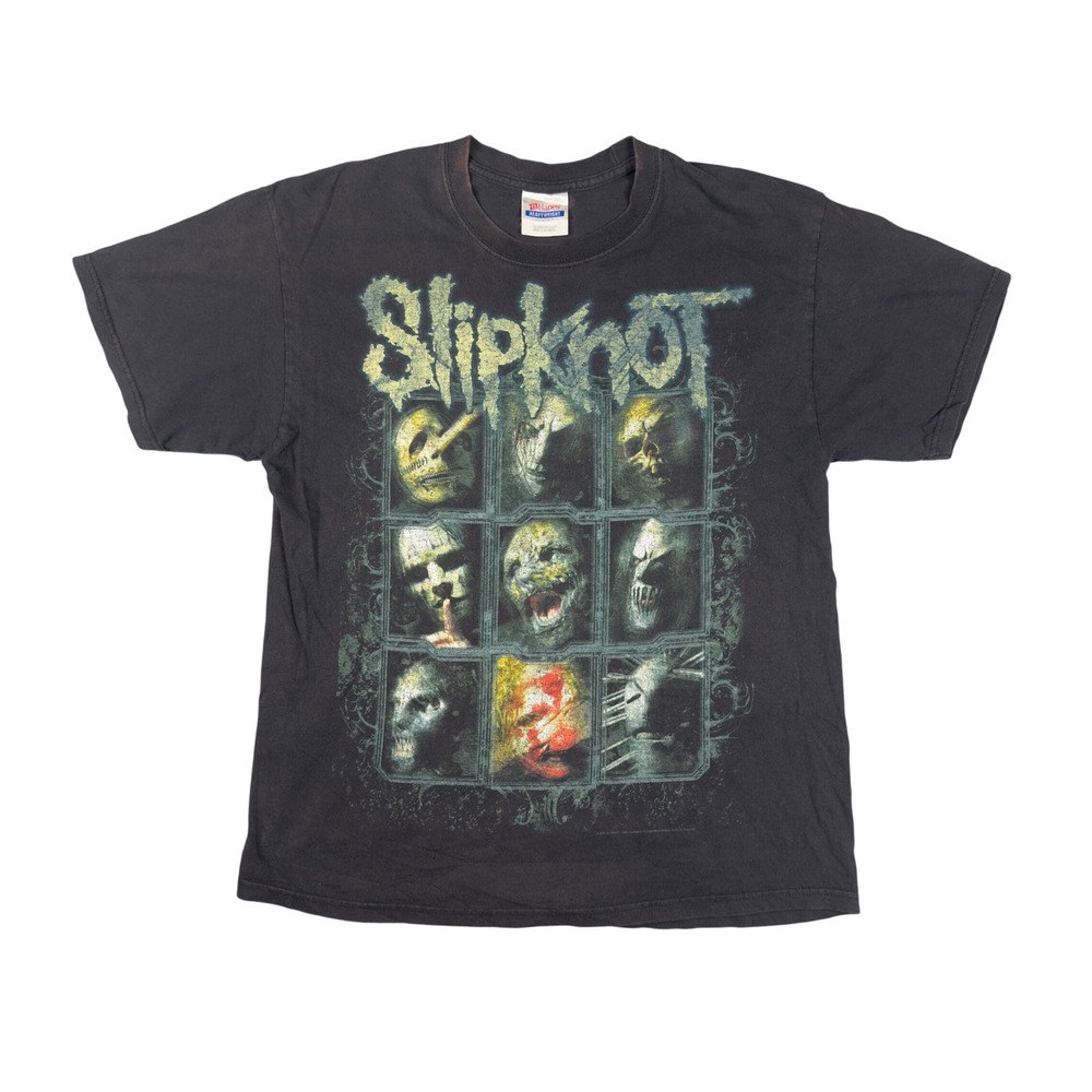 Vtg Y2K Slipknot Mask Grid Band T Shirt Men's L Black Hanes Heavyweight Nu Metal